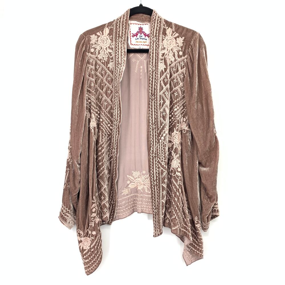 JW Los Angeles Johnny Was Velvet Cardigan L Embroidered Light Brown Draped Boho